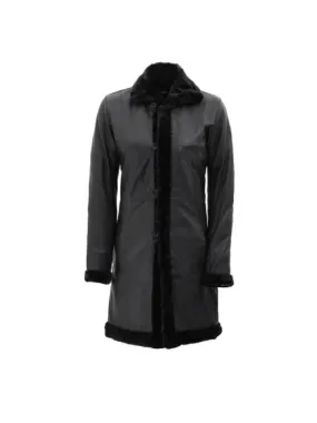 Women’s Black Leather Long Shearling Coat