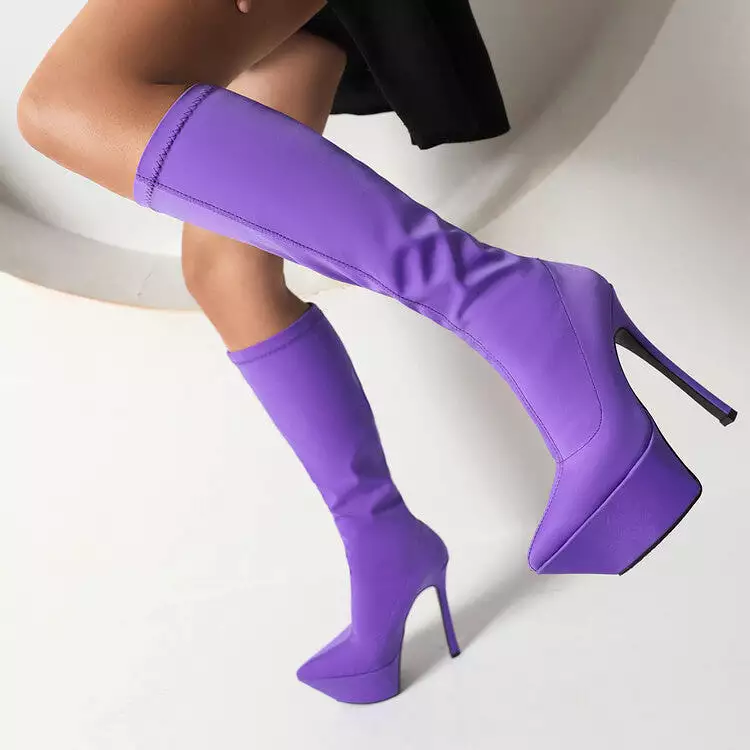 Women's Flock Pointed Toe Stiletto Heel Platform Knee High Boots