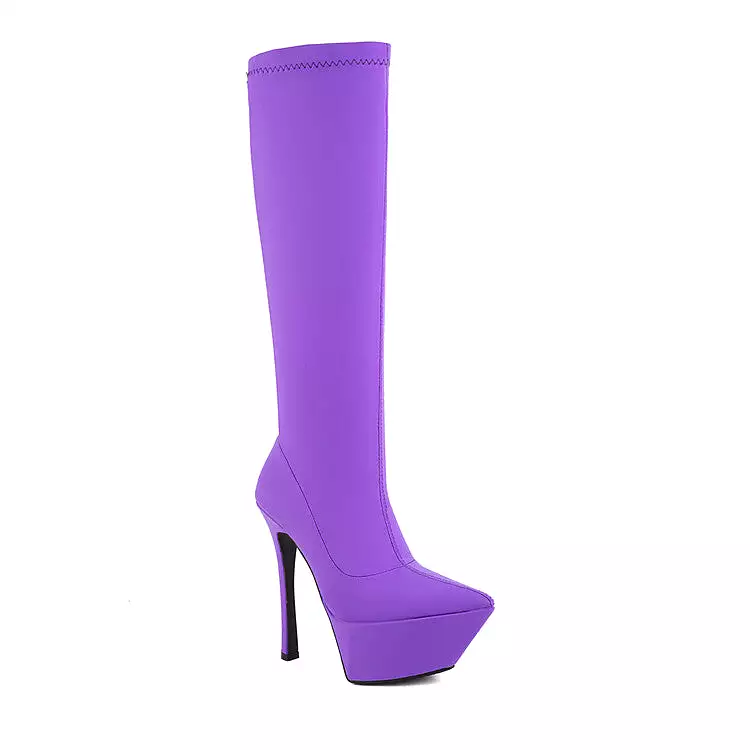 Women's Flock Pointed Toe Stiletto Heel Platform Knee High Boots