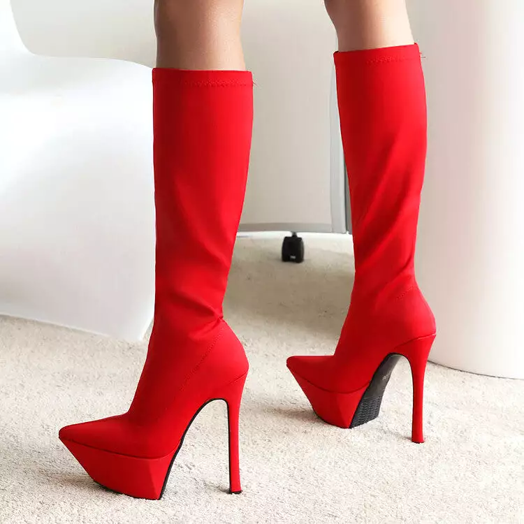 Women's Flock Pointed Toe Stiletto Heel Platform Knee High Boots