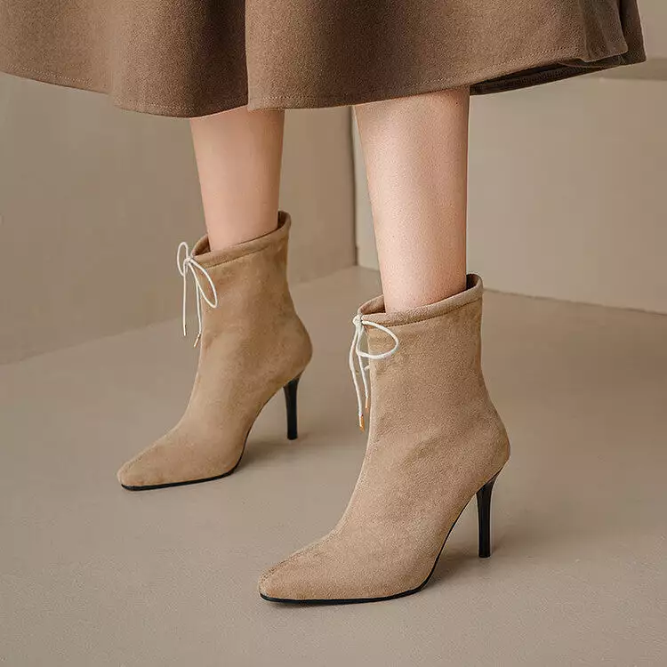 Women's Flock Pointed Toe Stiletto Heel Tied Straps Ankle Boots