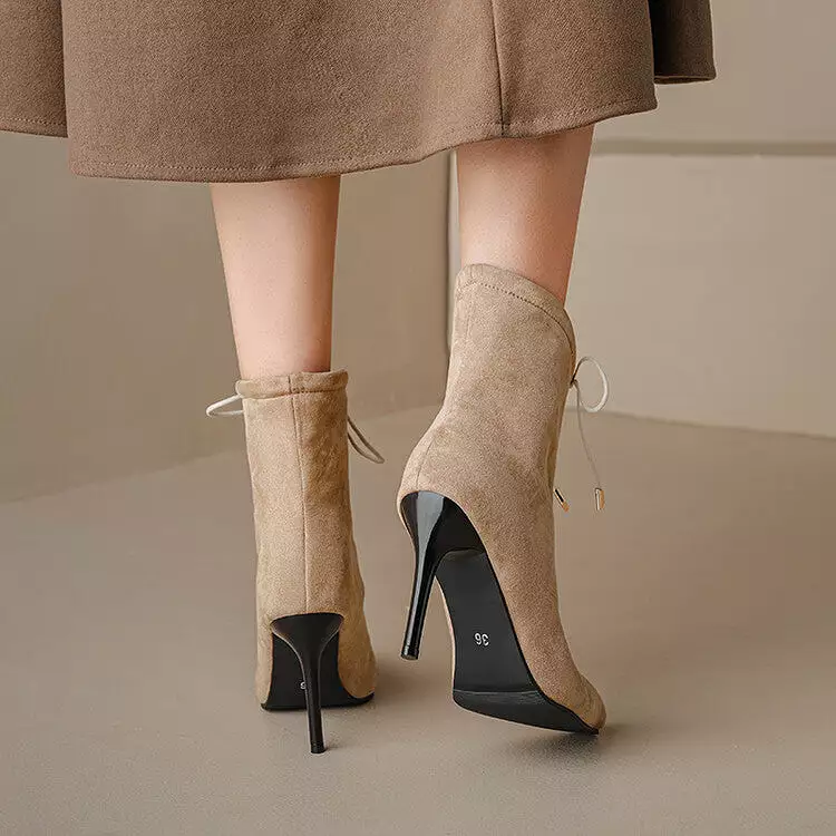 Women's Flock Pointed Toe Stiletto Heel Tied Straps Ankle Boots