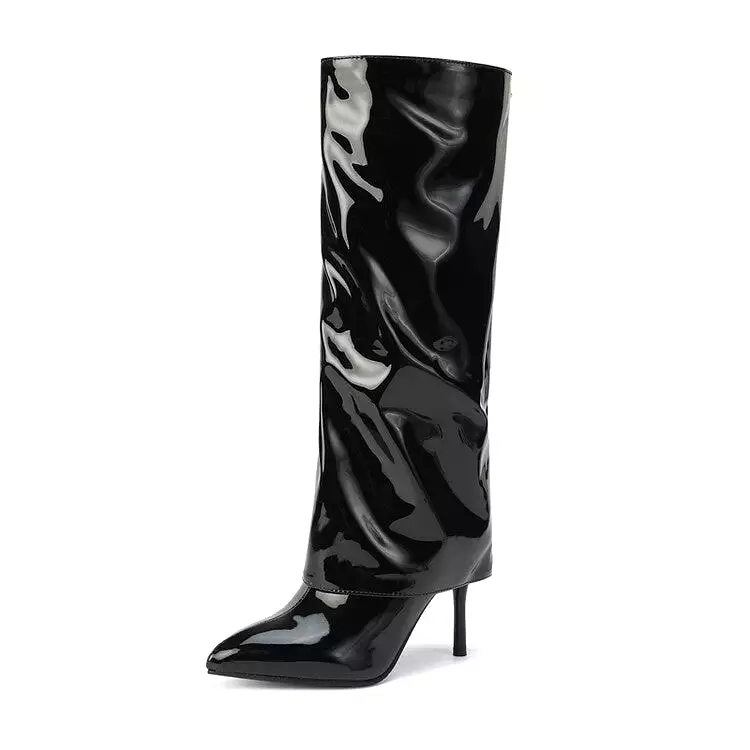 Women's Fold Pointed Toe Stiletto Heel Mid Calf Boots