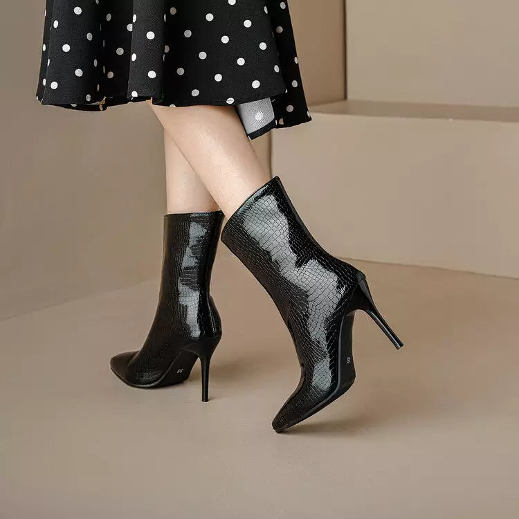 Women's Patent Snake Printed Pointed Toe Stiletto Heel Ankle Boots