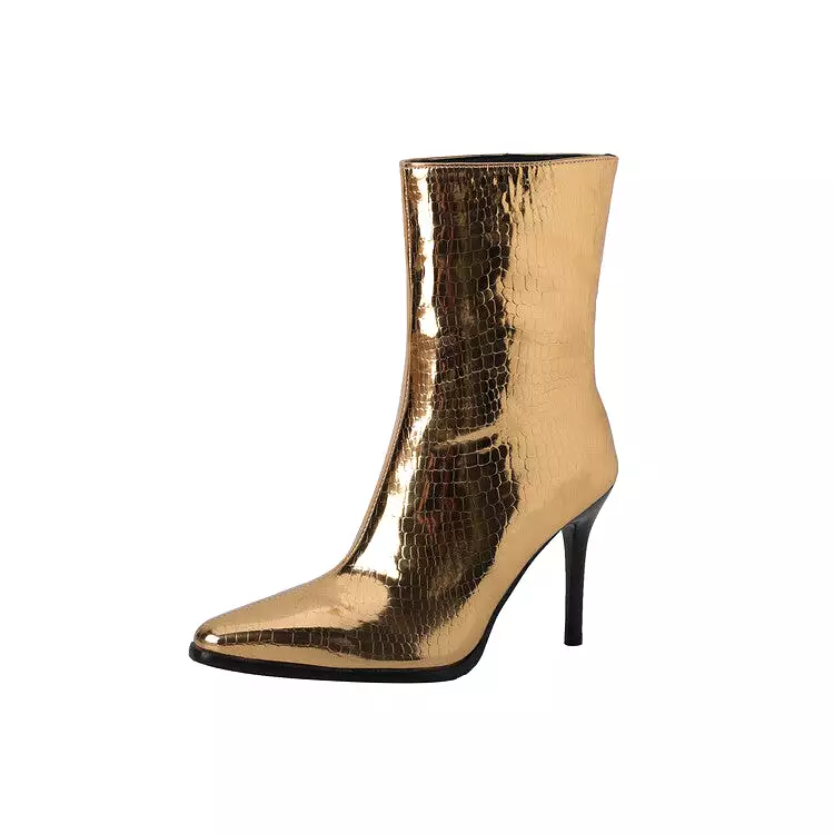 Women's Patent Snake Printed Pointed Toe Stiletto Heel Ankle Boots