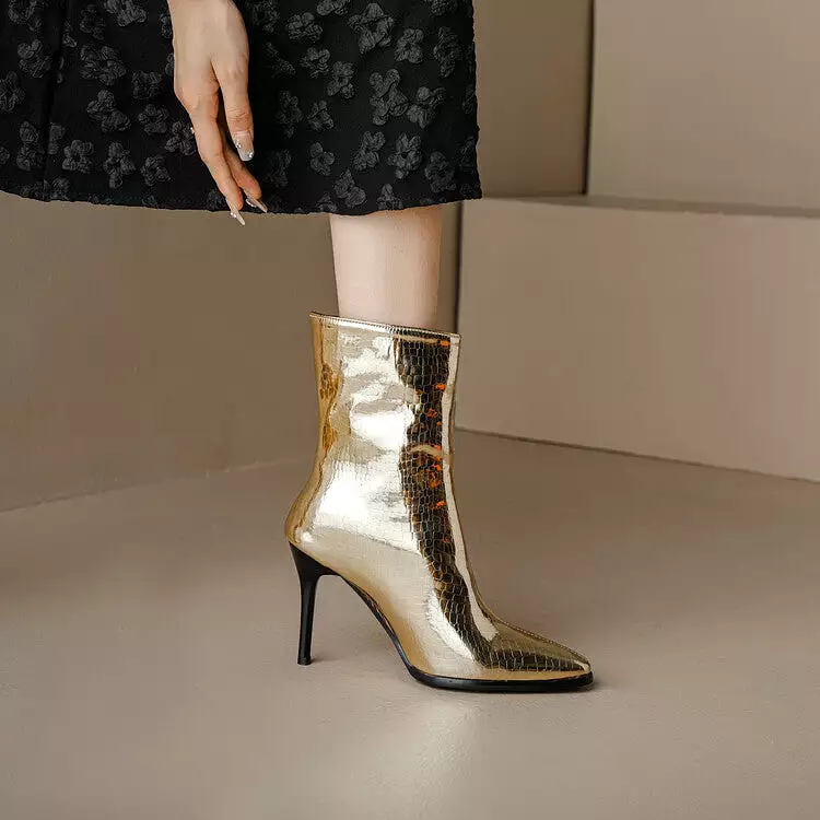 Women's Patent Snake Printed Pointed Toe Stiletto Heel Ankle Boots