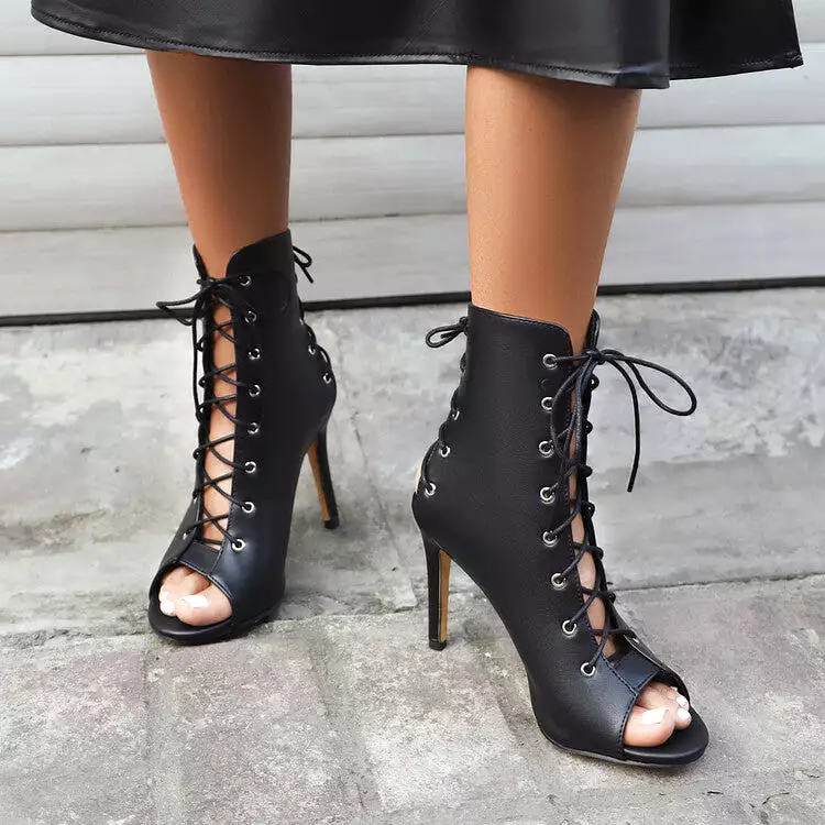 Women's Peep Toe Lace-Up Round Toe Stiletto Heel Ankle Boots