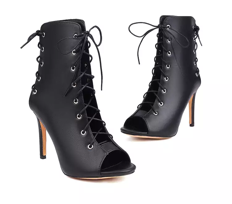 Women's Peep Toe Lace-Up Round Toe Stiletto Heel Ankle Boots