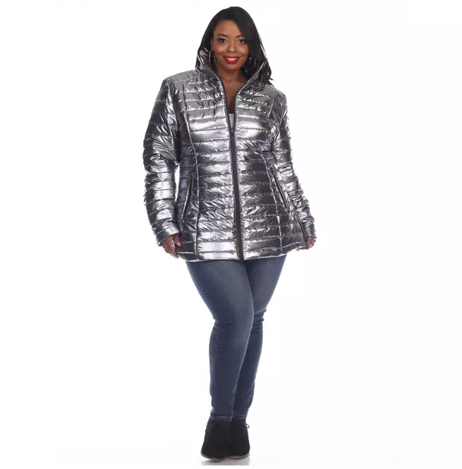 Women's Plus Size Metallic Puffer Zipper Coat