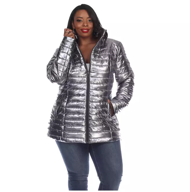 Women's Plus Size Metallic Puffer Zipper Coat