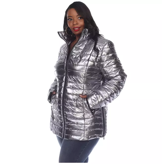 Women's Plus Size Metallic Puffer Zipper Coat