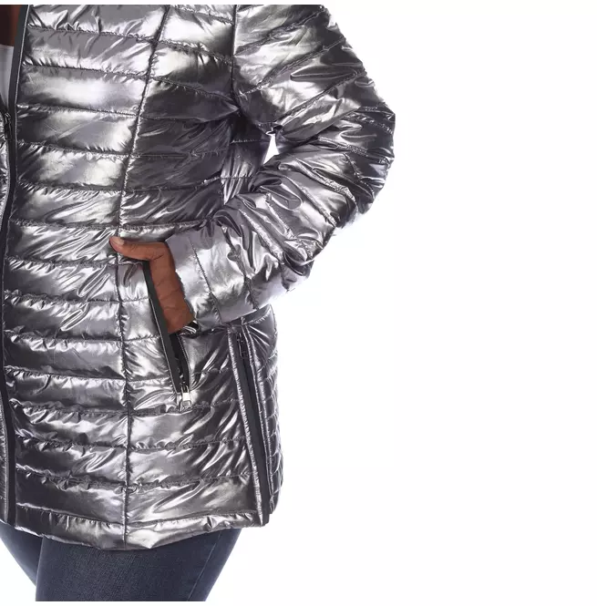 Women's Plus Size Metallic Puffer Zipper Coat