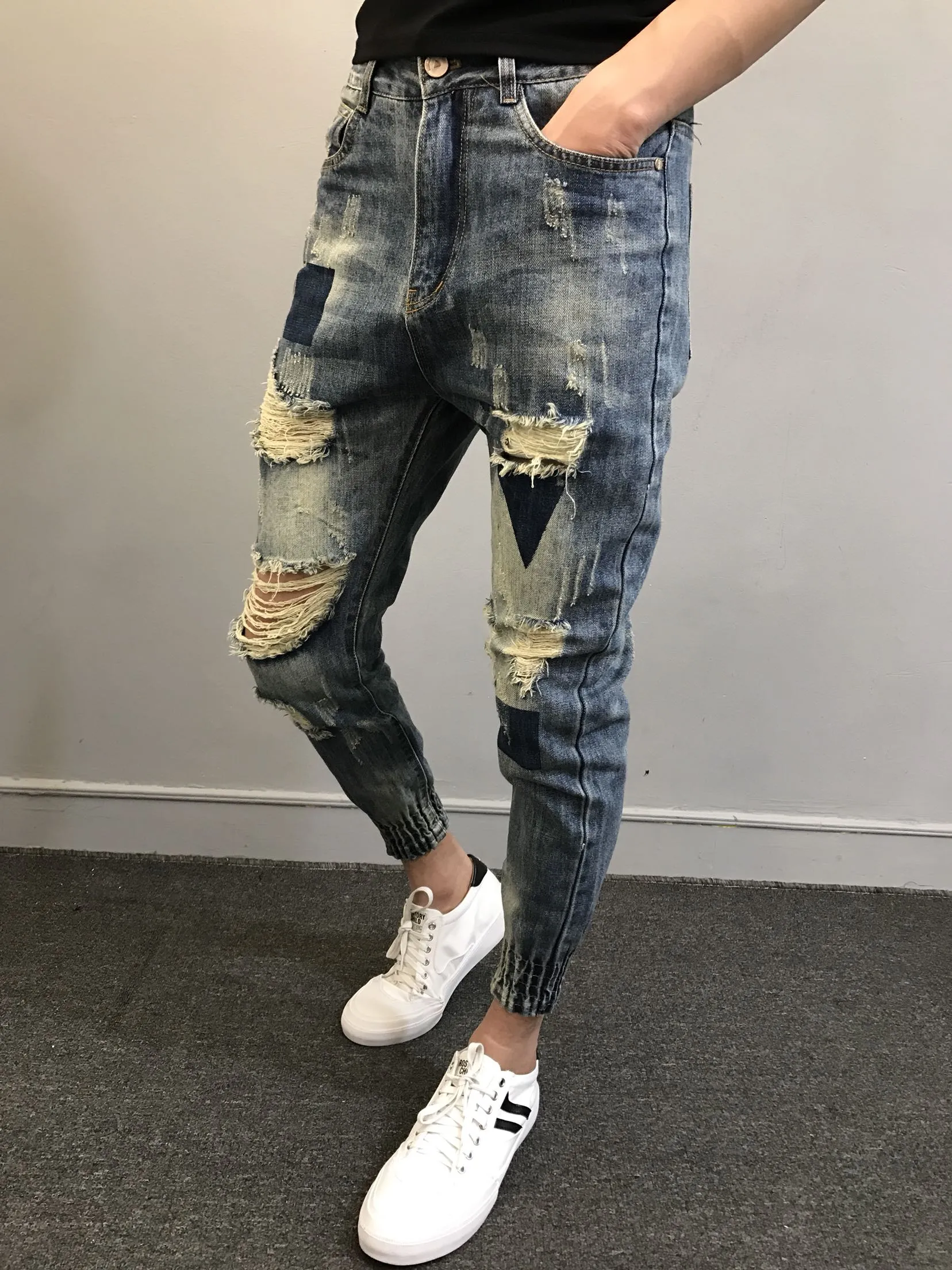 Xituodai Wholesale 2022 Teenagers Social Spirit Guy Ripped Pants Trendy Tiepants Leg Feet Pants Ankle Length Jeans Men's Slim Ha