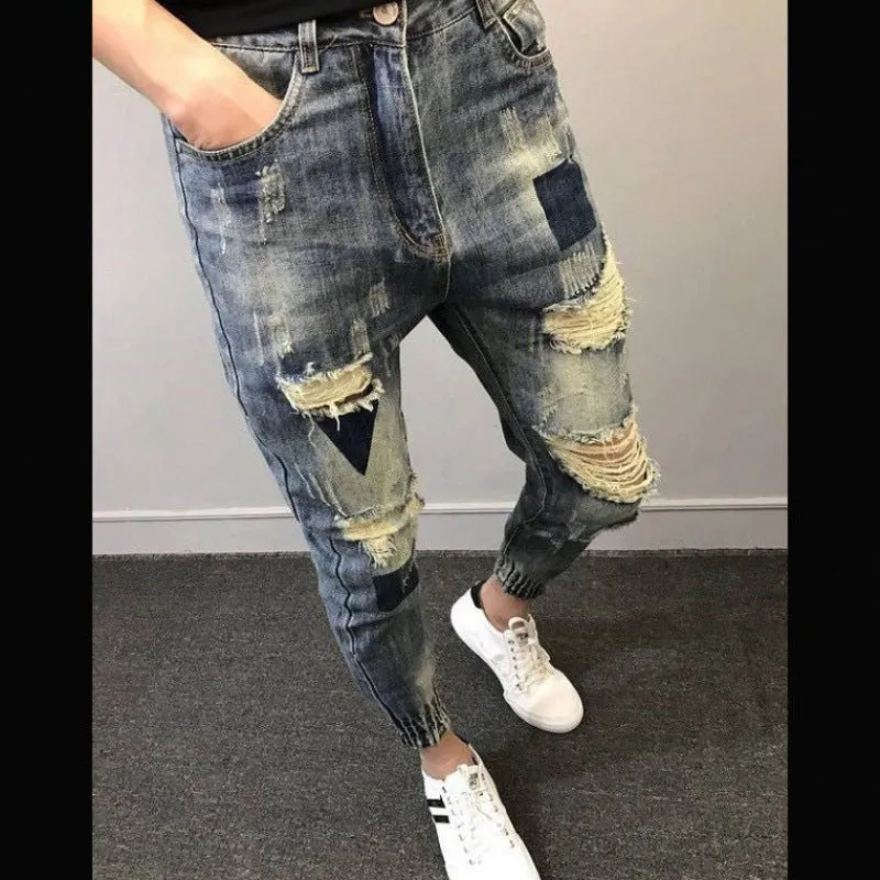 Xituodai Wholesale 2022 Teenagers Social Spirit Guy Ripped Pants Trendy Tiepants Leg Feet Pants Ankle Length Jeans Men's Slim Ha