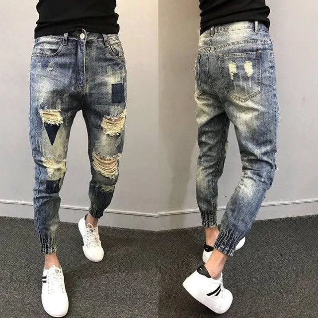 Xituodai Wholesale 2022 Teenagers Social Spirit Guy Ripped Pants Trendy Tiepants Leg Feet Pants Ankle Length Jeans Men's Slim Ha