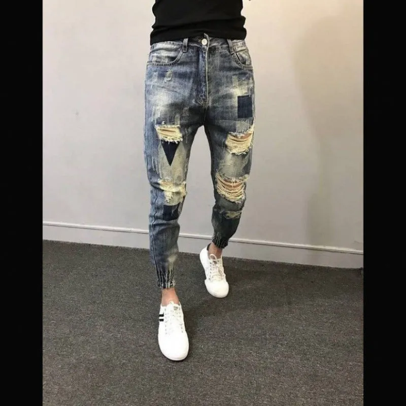 Xituodai Wholesale 2022 Teenagers Social Spirit Guy Ripped Pants Trendy Tiepants Leg Feet Pants Ankle Length Jeans Men's Slim Ha