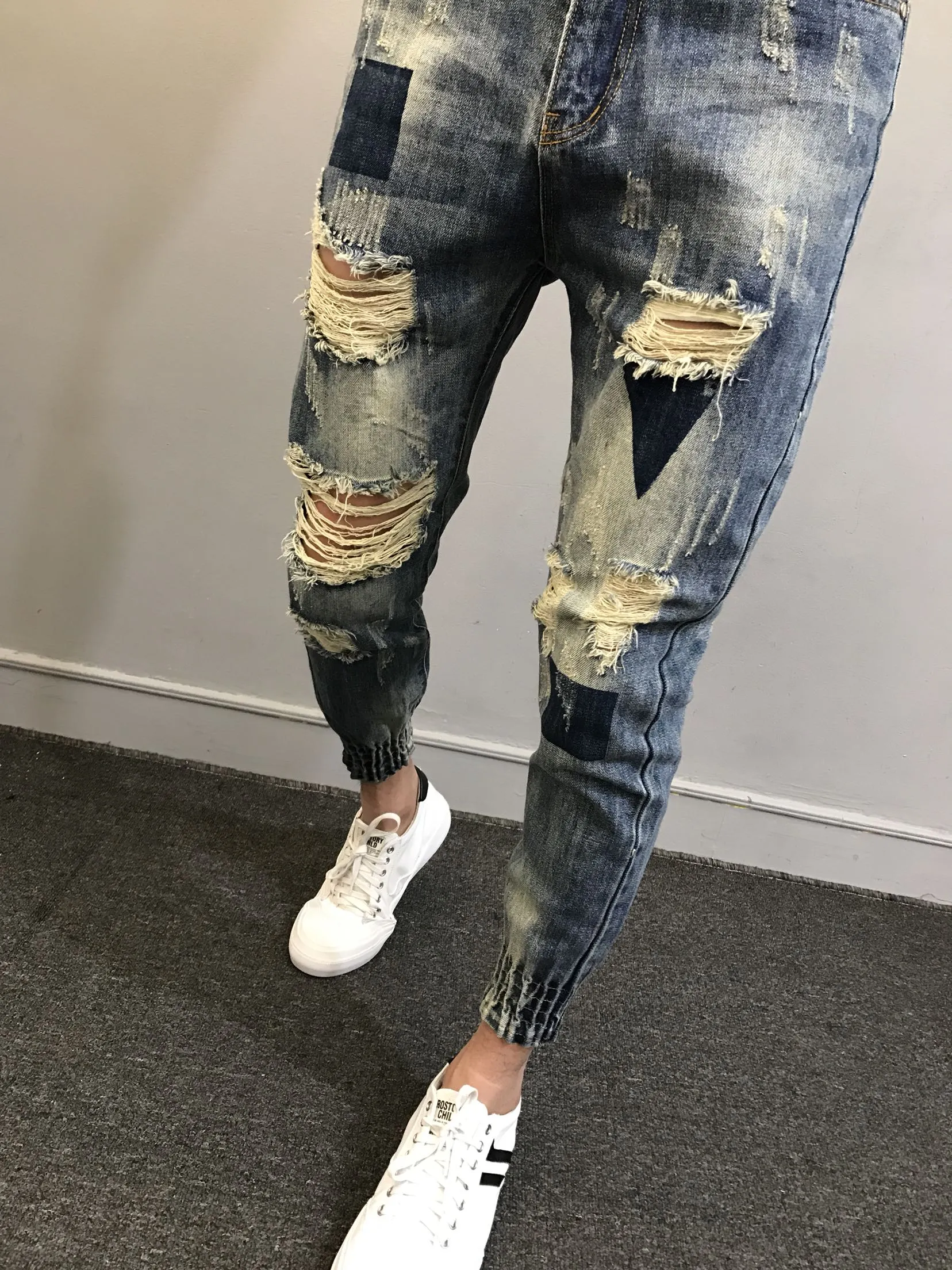 Xituodai Wholesale 2022 Teenagers Social Spirit Guy Ripped Pants Trendy Tiepants Leg Feet Pants Ankle Length Jeans Men's Slim Ha