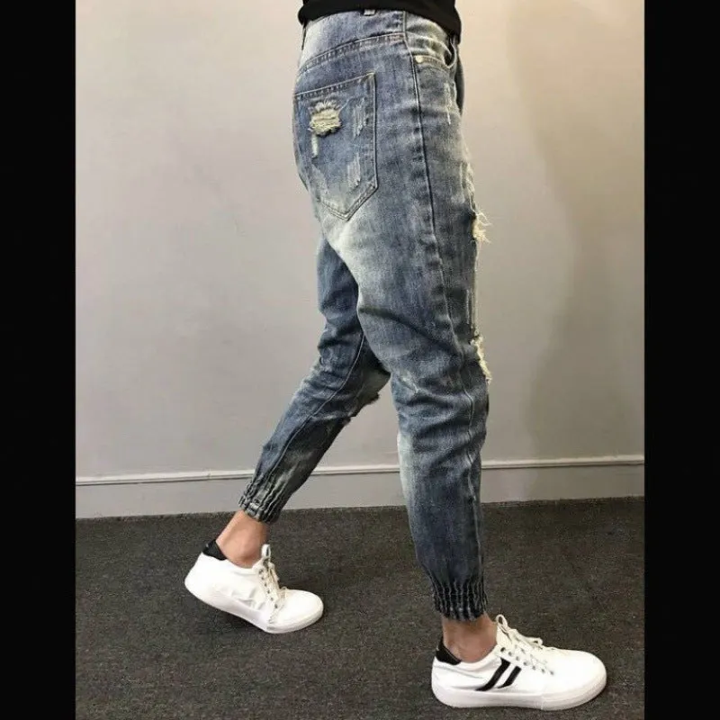 Xituodai Wholesale 2022 Teenagers Social Spirit Guy Ripped Pants Trendy Tiepants Leg Feet Pants Ankle Length Jeans Men's Slim Ha