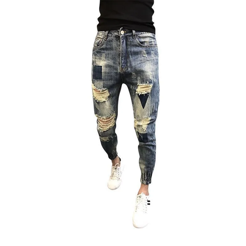 Xituodai Wholesale 2022 Teenagers Social Spirit Guy Ripped Pants Trendy Tiepants Leg Feet Pants Ankle Length Jeans Men's Slim Ha