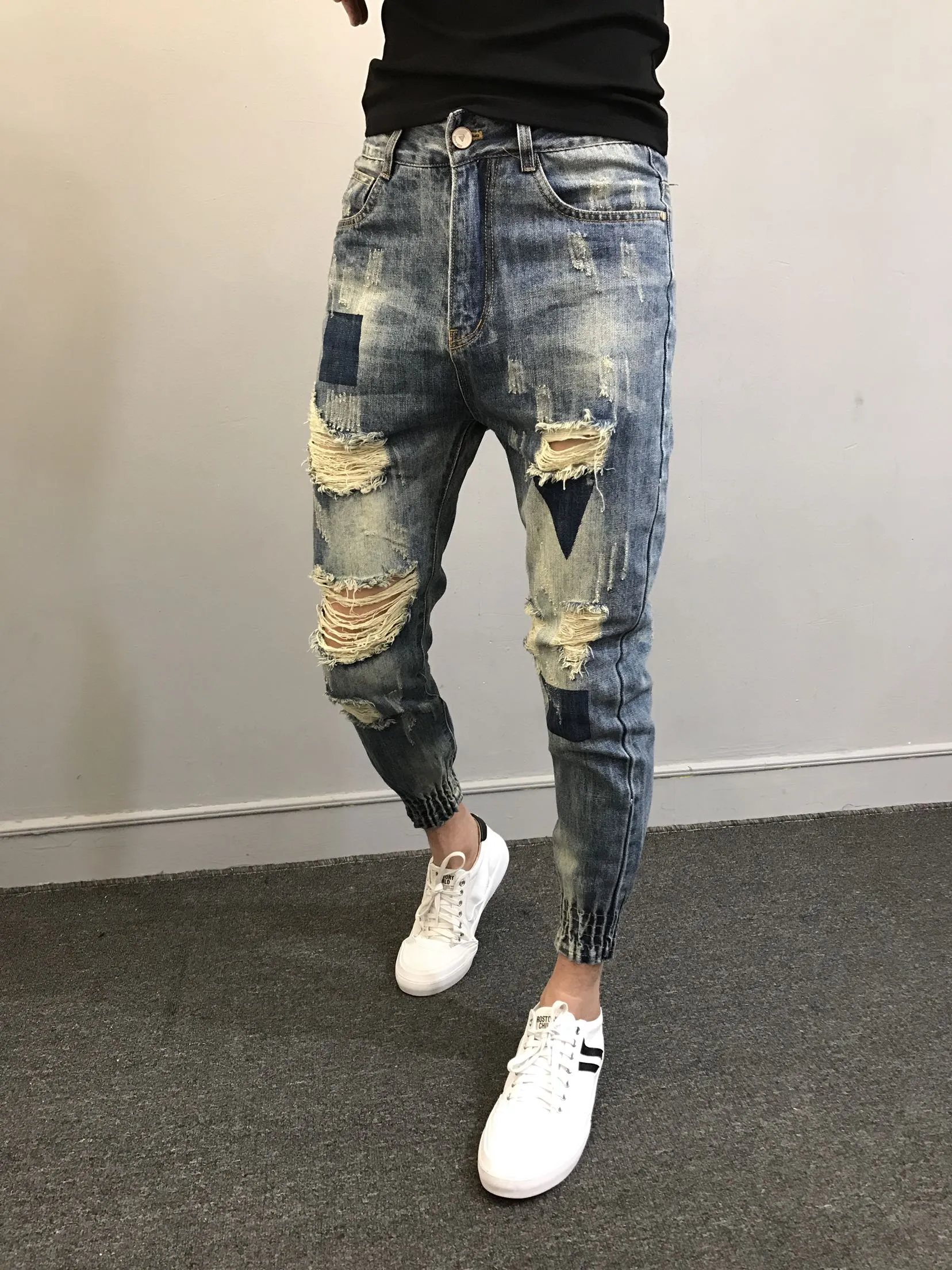 Xituodai Wholesale 2022 Teenagers Social Spirit Guy Ripped Pants Trendy Tiepants Leg Feet Pants Ankle Length Jeans Men's Slim Ha